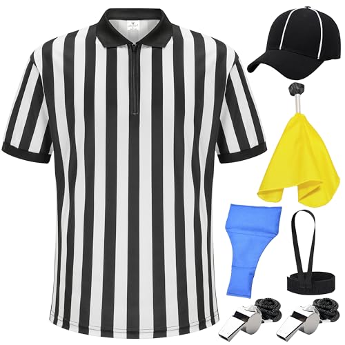 allentian Flag Football Referee Kit for Men - 7-Piece Complete Outfit with Striped Shirt Cap Whistles & Penalty Flag (XL)