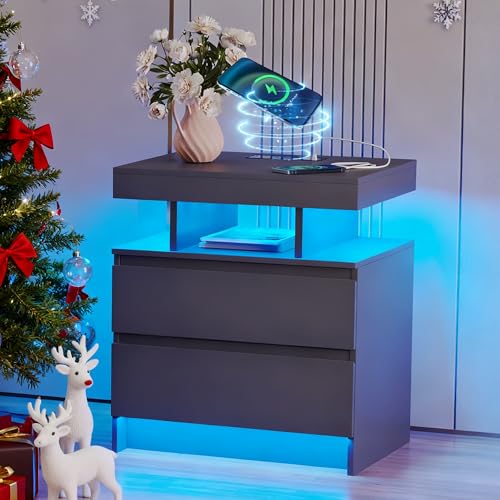 dnbss Nightstand with Charging Station and LED Light, Modern Night Stand with 2 Drawers, Smart Nightstand with USB Ports and Wireless Charger, Bedside Table for Bedroom (Grey)