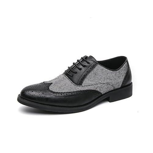 Ninepointninetynine Scarpe Oxford da Uomo Stringate Punta a Punta Brogue Punta dell'ala in Rilievo Patchwork Bicolore Tacco Largo Antiscivolo Antiscivolo Business(Color:Nero,Size:42 EU)