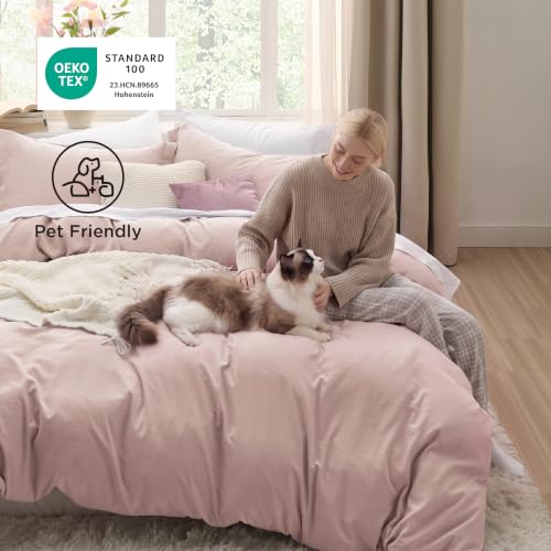Image of Bedsure Prewashed Duvet Cover Queen, Cotton-Like Bedding Set, Rose Pink | Ultra Soft, Relaxed Texture, 90 inchx90 inch Breathable Comfort, Hidden Zipper, 8 Corner Ties, Easy Care, OEKO-TEX, Year-Round Use