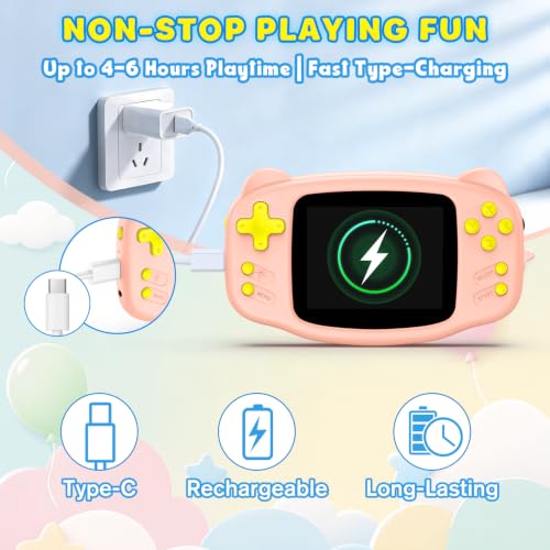 Image of Portable 16 Bit Handheld Game Console for Kids, Retro Gaming Console with 300 Classic Video Games, Handheld Plug & Play Player with 3.2'' IPS Screen, Rechargeable Travel Gift for Boys & Girls (Pink)
