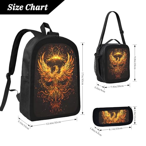 Golden Animal Phoenix Circle Large 3-Piece Backpack Set with Insulated Lunch Box & Pencil Case Waterproof 17 Inches Backpacks Bag Back Packs Pencil Pouch Lunch Bag for Men Women 3 Pcs (Black)4