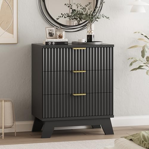 Image of Fluted Dresser for Bedroom with 3 Drawers, 24 inch Wide Modern Chest of Drawers with Metal Handle, Wooden Dresser TV Stand, Wood Closet Clothes Storage Drawer Organizer for Living Room, Hallway, Black