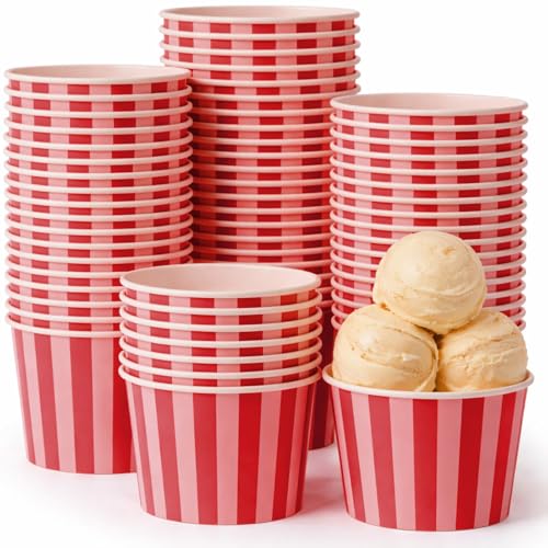 Image of Zopeal 50 Count Red and Pink Striped Ice Cream Cups Paper Dessert Bowls | 9 oz Disposable Ice Cream Bowls, Birthday Party Supplies, Snack Cups Sundae Picnic Yogurt Bowls for Food