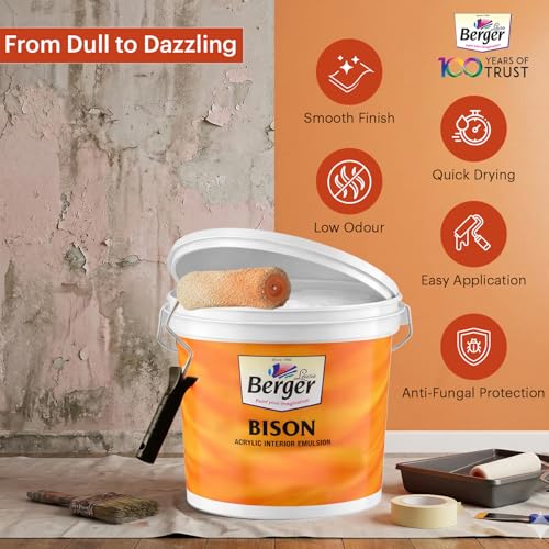 Image of BERGER Bison Interior Emulsion Paint for Walls and Ceilings with Anti-Fading Properties Acrylic Based Washable & Durable Rich Smooth Matt Finish (10Ltr, White)