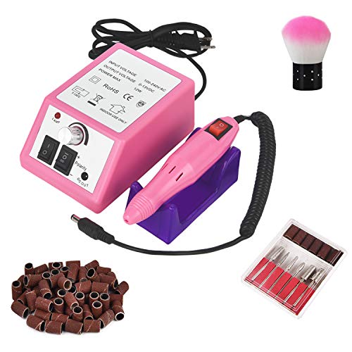 yinhua Electric Professional Nail Drill Nail Drill Machine Manicure Grinder Tools 20000RPM, Removing Acrylic Nails with 100Pcs of Sanding Bands and 6 Replaceable Drill Bits for Home Salon Use Pink