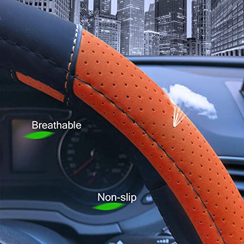 Binsheo Leather Steering Wheel Cover, Breathable, Anti Slip & Odor Free, Black And Orange #TOP3