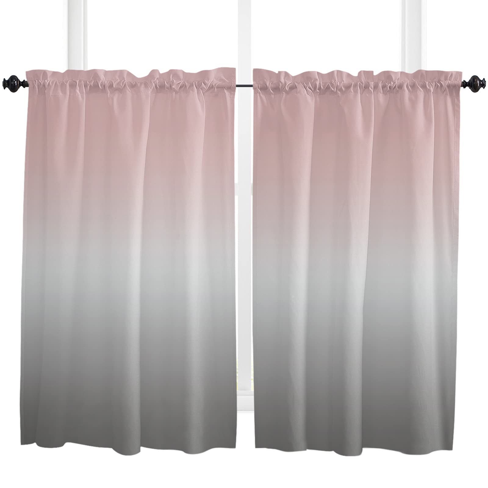Edwiinsa Kitchen Curtain 2 Panels Tiers Curtains 45 Inch Length, Ombre, Curtains Rod Pocket Curtains Window Drapes Treatment Window Cafe Curtains Gradient Pink and Grey