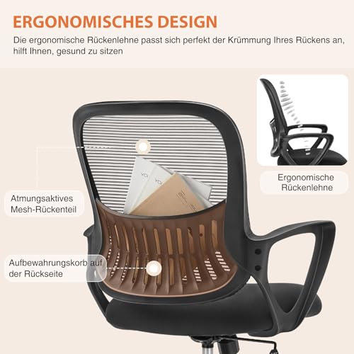 Sweetcrispy Bürostuhl Ergonomisch, Schreibtischstuhl mit Lendenwirbelstütze, Verstellbaren Armlehnen Drehstuhl, Höhenverstellbarer Office Chair, Bürostühle Geeignet für Büro und Schlafzimmer (Schwarz)