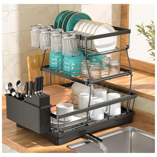 ROY ENTERPRISE Large Dish Drying Rack for Kitchen Counter, Detachable Large Capacity Dish Drainer Organizer, 3-Tier Dish Racks with Utensil Holder (Black 3 Layer)