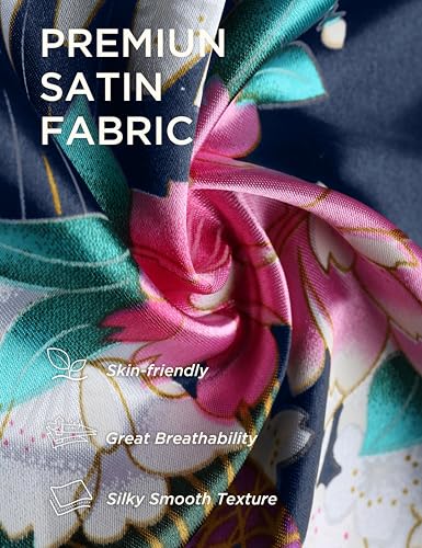Image of BABEYOND Women's Kimono Robe Long Satin Robes with Peacock and Blossoms Printed Kimono Nightgown
