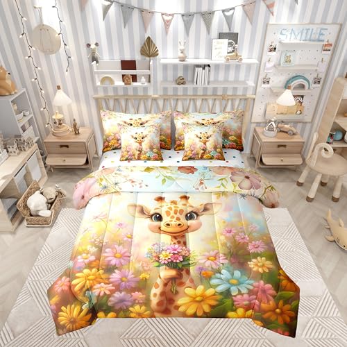 Cartoon Giraffe Twin Comforter Set with Sheets Bed in a Bag 7 Pcs,Dreamy Flowers Daisy Girls Kids Boys Bed Set,Cute Giraffe Bedding Sets with Comforter,Flat,Fitted Sheet,Pillowcases,Pillow Covers