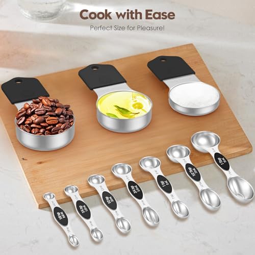 Magnetic Measuring Cups and Spoons Set - 304 Stainless Steel | Dual-sided Design | Set of 15 with Leveler | Strong N52 Magnetic Nesting Design | for Dry & Liquid Ingredients (Black) - Thumbnail 7