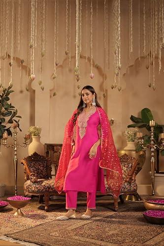 Image of INDO ERA Women's Liva Red Paisley Embroidered Sequinned Straight Kurta & Pant with Dupatta Set