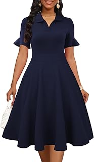 Womens Summer Ruffle Sleeve Collared V Neck Fit and Flare Elegant A line Swing Dresses with Pockets - Buy now