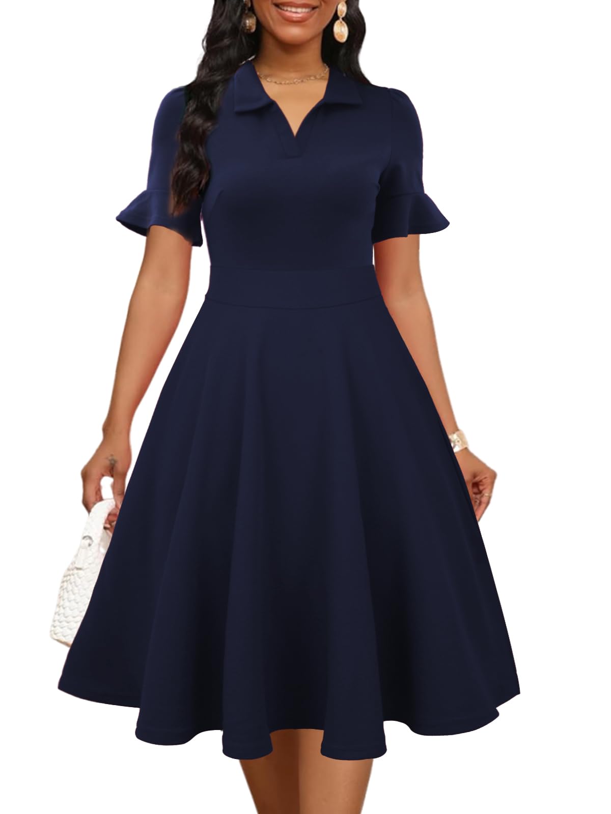 Mokayee Womens Summer Ruffle Sleeve Collared V Neck Fit and Flare Elegant A line Swing Dresses with Pockets