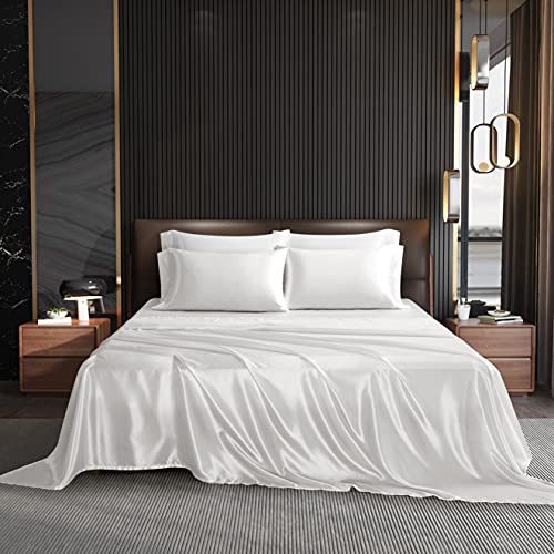 NA HommxJF - Juego de sábanas de satén sedoso de 4 piezas, color blanco, juego de ropa de cama y fundas de almohada con 1 sábana encimera + 1 sábana bajera de bolsillo profundo + 2 fundas de almohada