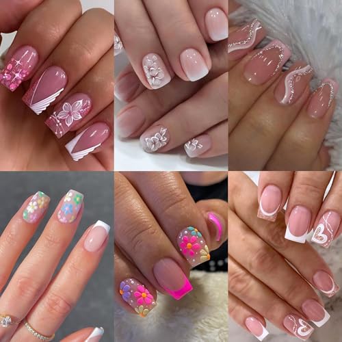 6 Packs (144 Pcs) Press on Nails Square - Short, Medium Nails Press ons - French Tip Fake Nails with Flower Design - for Women 12 Sizes-6 Styles