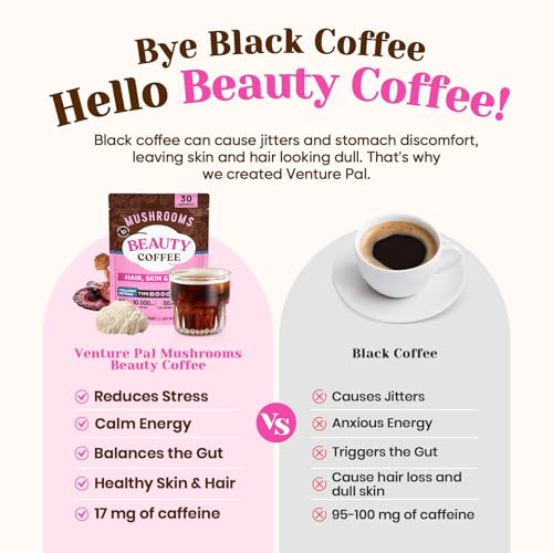 Image of Venture Pal Mushroom Coffee for Focus, Skin, Hair, Nails, Joints &Digestion | Adaptogenic Mushroom with Multi Collagen Peptide, Lions Mane, Reishi, Chaga, Biotin, Vitamin C - Low Caffeine & Calories