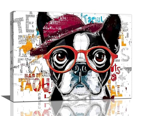 French Bulldog Decor Wall Art Funny Graffiti Dog Pictures Cute Puppy Canvas Prints Painting Pet Artwork English Bulldog Decorations for Bathroom Bedroom Living Room Framed Dog Lover Gifts 12"x16"