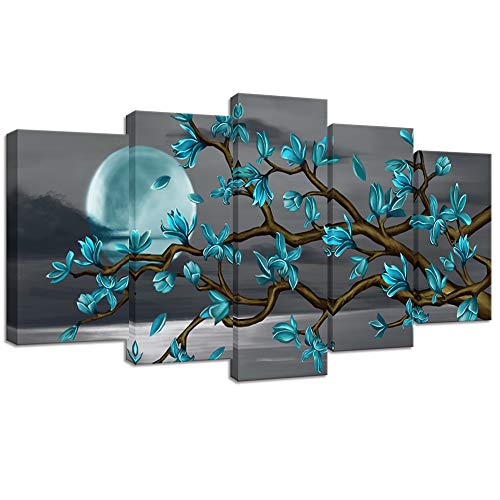 Tableau abstrait pour grand mur vide salon fleurs magnolia vert