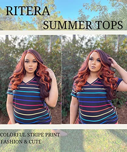 Image of RITERA Women Plus Size Tops Tie Dye V Neck Shirt Floral Camo Summer Short Sleeve Tunic Oversized Ladies Blouse XL-5XL