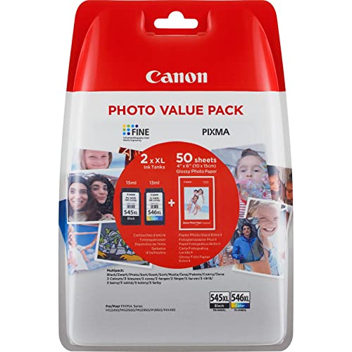 Canon PG-545 XL CL-546 XL VALUE Confezione da 2 Cartucce d'inchiostro (Nero XL colore XL) +50 fogli di carta fotografica 10x15cm Originale, Imballaggi in Plastica Obsoleti 2018