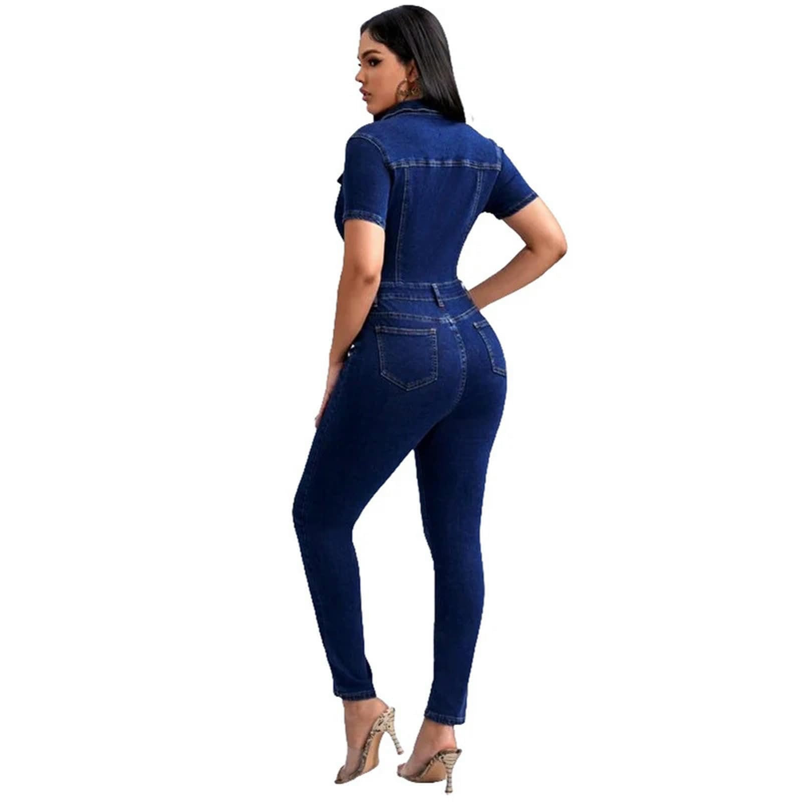 KWTF Combinaison sexy extensible à manches courtes en jean pour femme, bleu marine, M
