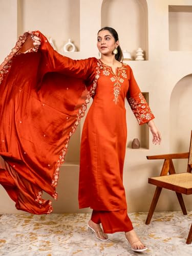 Image of VredeVogel Women's Silk Blend Embroidered Anarkali Kurta with Pant & Dupatta Set | Festive & Casual Women Ethnic Kurta Set for Women