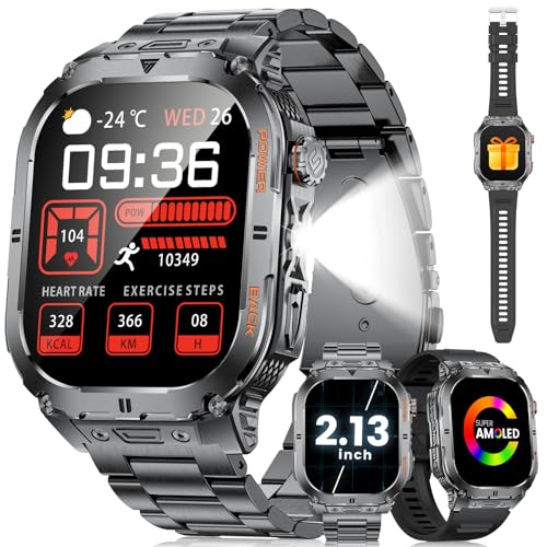 ESFOE Smartwatch Uomo,2.13' AMOLED Orologio Smartwatch Uomo con Torcia/450mAh/5ATM Impermeabile Smart Watch Militare Fitness con 113 Modalità Sport/Cardiofrequenzimetro/Chiamate Whatsapp Android iOS