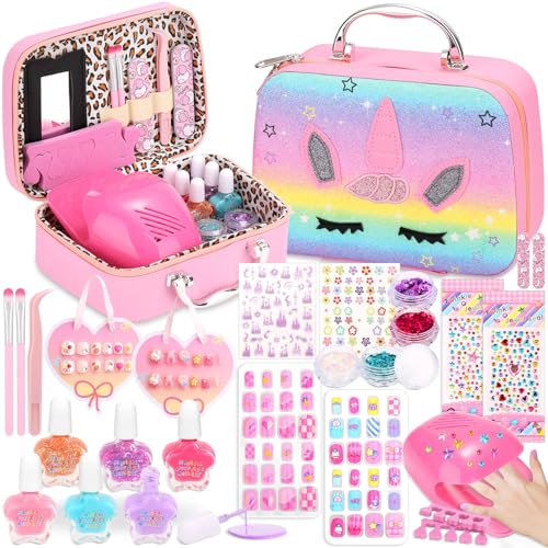 Kids Nail Polish with Press on Nails Set for Girls Non-Toxic Nail Art Kit with Portable Dryer and Unicorn Case Cute Stuff Gift Toys for Girls Age 8-12