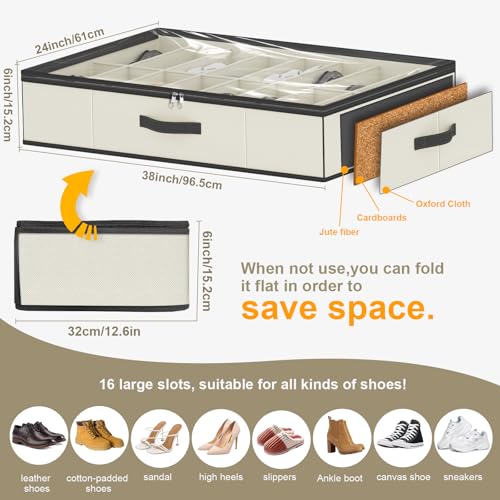 Image of homyfort 32 Pairs Shoe Organizer Under Bed, Sturdy Underbed Shoe Storage Boxes Bins, Organizador De Zapatos, Extra Large Zapateras Organizer, Beige, Set of 2