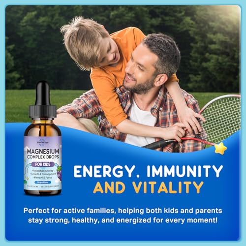 Image of (2 Pack) Magnesium Glycinate Liquid for Kids, Kids Magnesium Liquid Drops Supplement with L-Theanine, Calcium, Zinc, Vitamin D3 K2 for Sleep Calm Relaxation Brain Bones Focus, Grape Flavor 4 Fl Oz