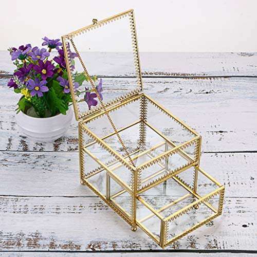 Hipiwe Vintage Glass Jewelry Trinket Box - Geometric Golden Vanity Organizer Holder With Drawer, Decorative Jewelry Display Case For Storage Bracelets Necklace Watch Rings #TOP7