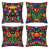 Rciokov Colorful Mexican Floral Set of 4 Pillow Covers 18x18 Inch, Cushion Case Outdoor Sofa Throw Pillows Cover Garden Pillow Covers for Couch Living Room Bed Indoors Home Decor
