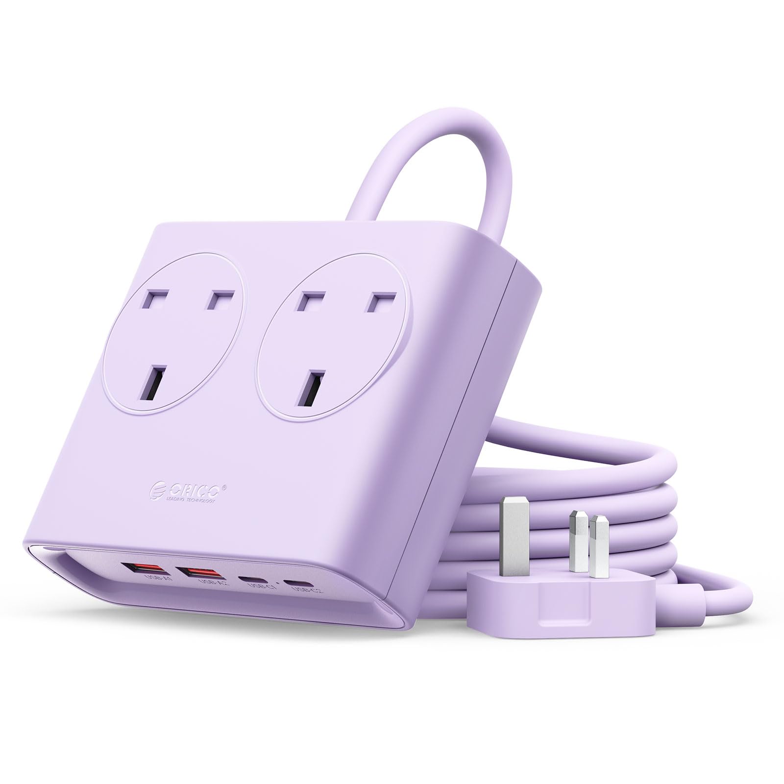 ORICO Extension Lead with USB Slots, 2 Gang Extension Socket with 2 USB C(PD 20W) and 2 USB A, 1.6m Extension Cable, 13A 3250W Desk Power Strip for Bedroom Office Accessories-Purple
