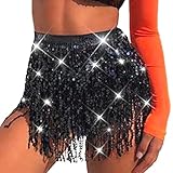 Zoestar Sparkly Silver Sequin Fringe Skirt Tassel Shorts Belly Dancing Skirts Rave Outfit for Women (US, Alpha, One Size, Regular, Regular, 10 Black)
