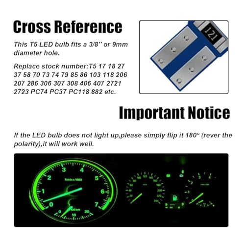 Image of GLSOWEE T5 LED Bulbs, 74 73 37 2721 LED Bulb 12 Volt Replacement, Green | 3030 SMD Bright Canbus Error-Free, Fit for Auto Car Gauge Cluster Dashboard Light Bulb Instrument Panel Indicator Lights Lamp
