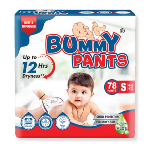 Image of BUMMY PANTS Baby Diapers - Soft & Comfortable with 5D Cross Core Technology, 360 Soft Elastic Waistband & Up to 12-Hour Absorption | S | Pack of 1 | 78 Pieces