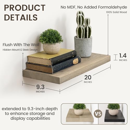 Image of Marsmiles 20 Inch Floating Shelves | 9.3 Inch Deep Grey Wood Wall Shelves Set of 2 | Rustic Reclaimed Wood Shelves for Room Wall | Farmhouse Floating Shelves for Living Room Bathroom