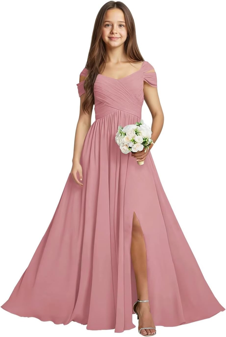 Junior Bridesmaid Dresses Chiffon Off Shoulder Flower Girl Dress Long Formal Pageant Gown for Teen Girls