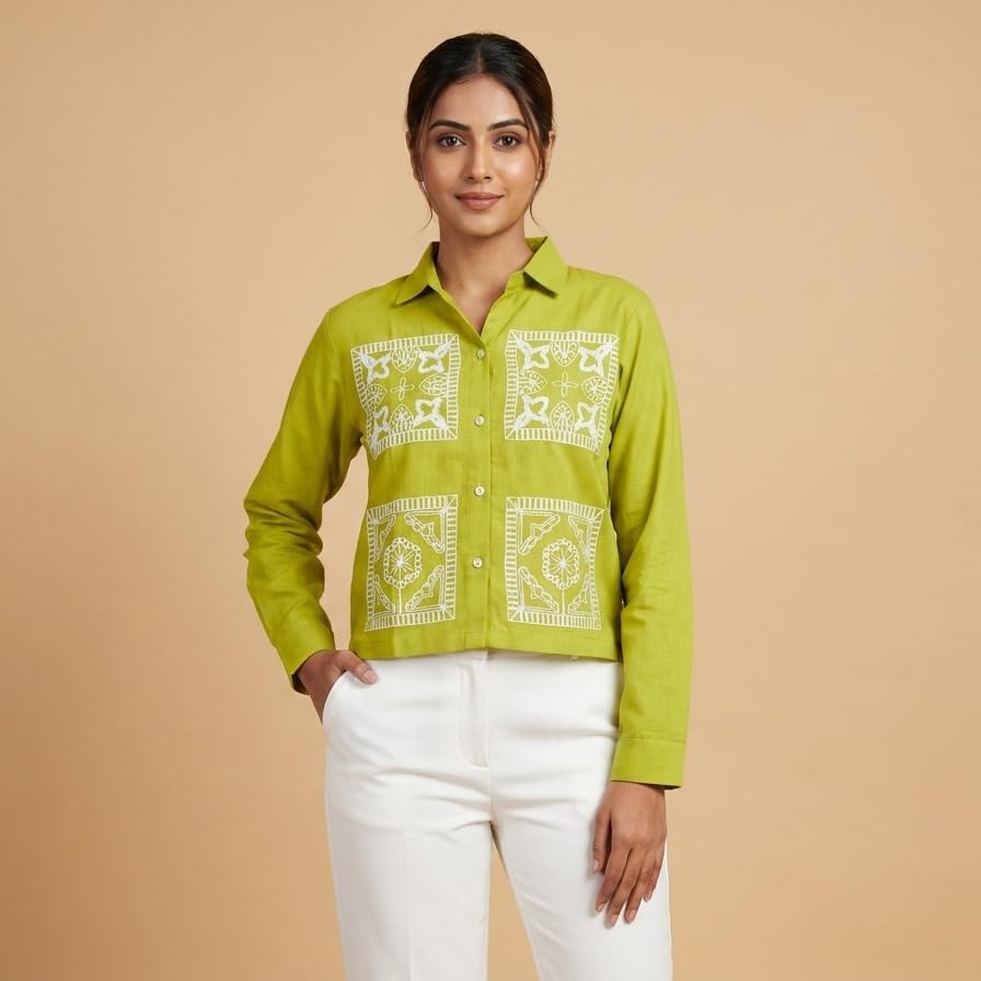 Image of Stylish Women's Embroidered Shirts | Geometric Pattern Half Sleeve Collared Button-Up Casual Shirt for Women