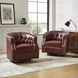HULALA HOME Genuine Leather Swivel Accent Chairs Set of 2, Swivel Rocker Barrel Chairs, Traditional Chesterfield Armchairs with Button-Tufted Design, No Assembly Required, Brown