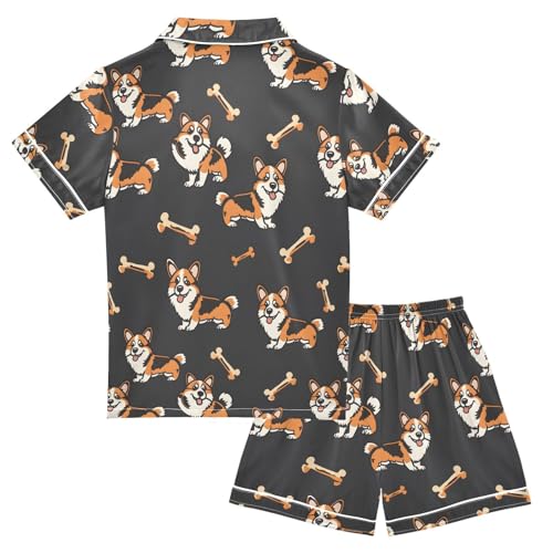 ALAZA Hipster Orange Dog Bone Puppy Satin Pajamas Set Short Sleeve Button Down Sleepwear Summer Pjs 2 Piece2