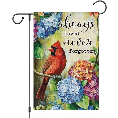 Heyfibro Always Loved Never Forgotten Memorial Spring Garden Flag 12x18 Double Sided Burlap Spring Summer Cardinal Hydrangea Flower Garden Yard Flags for Retro Rustic Seasonal Outside Outdoor Cemetery Decoration (ONLY FLAG)