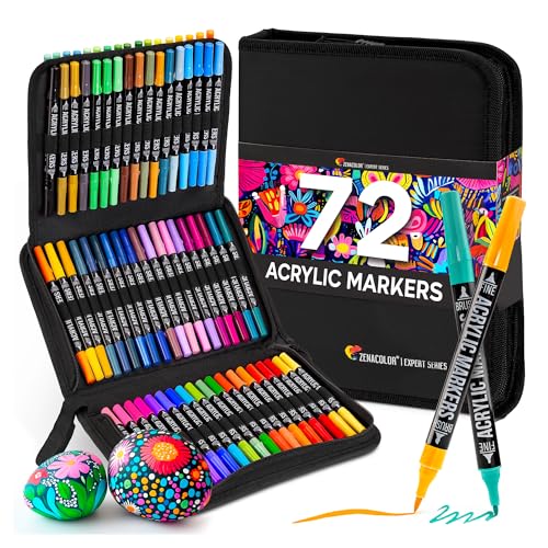 Zenacolor Pennarelli Acrilici Doppia Punta (con Punta a Pennello e Fine) - 72 Colori Indelebili per Diverse Superfici - Acrylic Marker per Vetro et per Dipingere Sassi - Astuccio Incluso