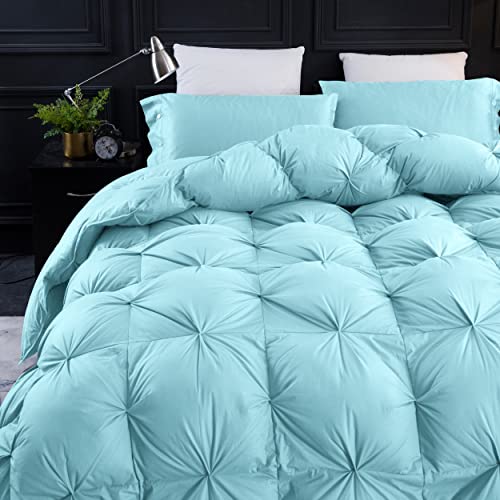 Three Geese Pinch Pleat Waterfowl Feathers and Down Comforter Palatial King Size Duvet Insert,750+ Fill Power,1200TC 100% Cotton, Premium All Seasons Aqua-Sky Warm Hotel Comforter with 8 Tabs.