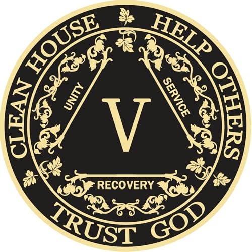 Black & Gold 1-10 Years Alcoholics Anonymous Medallion AA Coin Capsule Included (Five Years)