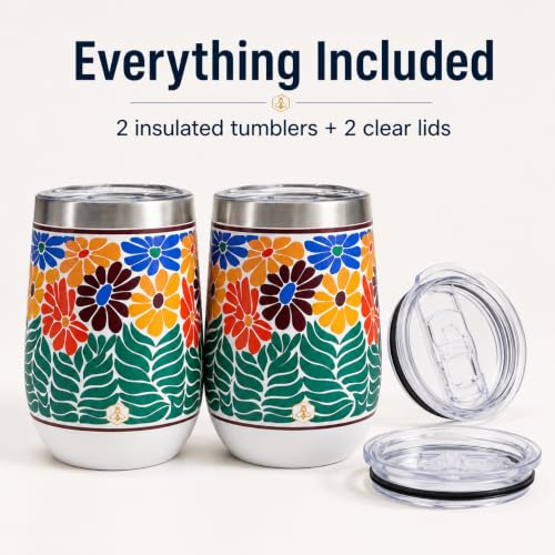 Image of Biddlebee 12 oz Insulated Stemless Wine Tumblers with Lids, Set of 2 | Stainless steel, keeps drinks hot or cold for hours; unbreakable outdoor and travel wine glasses; gift for women
