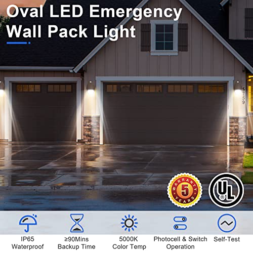 12W Oval Led Emergency Wall Pack Light With Battery Backup, Photocell And Self-Test Function, 5000K Outdoor Emergency Light, Ul-94V-0 Fire-Resistant, 100-277Vac, Ip65 Waterproof- Ul Listed (1 Pack) #TOP1